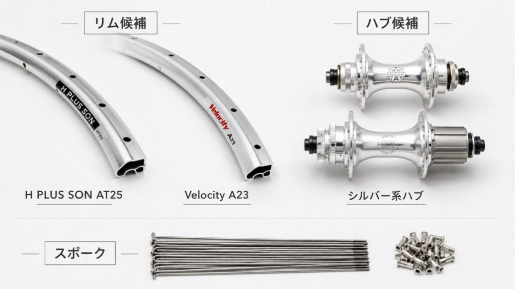 700Cホイール組みに使用するシルバーのリム、ハブ、スポークの候補