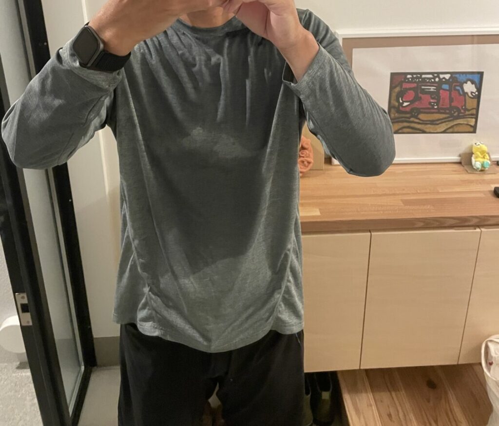 ワークマン 氷撃冷感マイナス10度長袖Tシャツを着用して片道25km自転車通勤した帰宅直後の正面